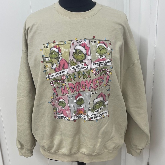 Gildan Grinch Christmas Sweatshirt 2XL Beige Funny Graphic “My Day I’m Booked” - Picture 1 of 4